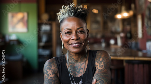 Generative ai friendly contemporary black middle age tattoed woman smiling smiling confident and reassuring