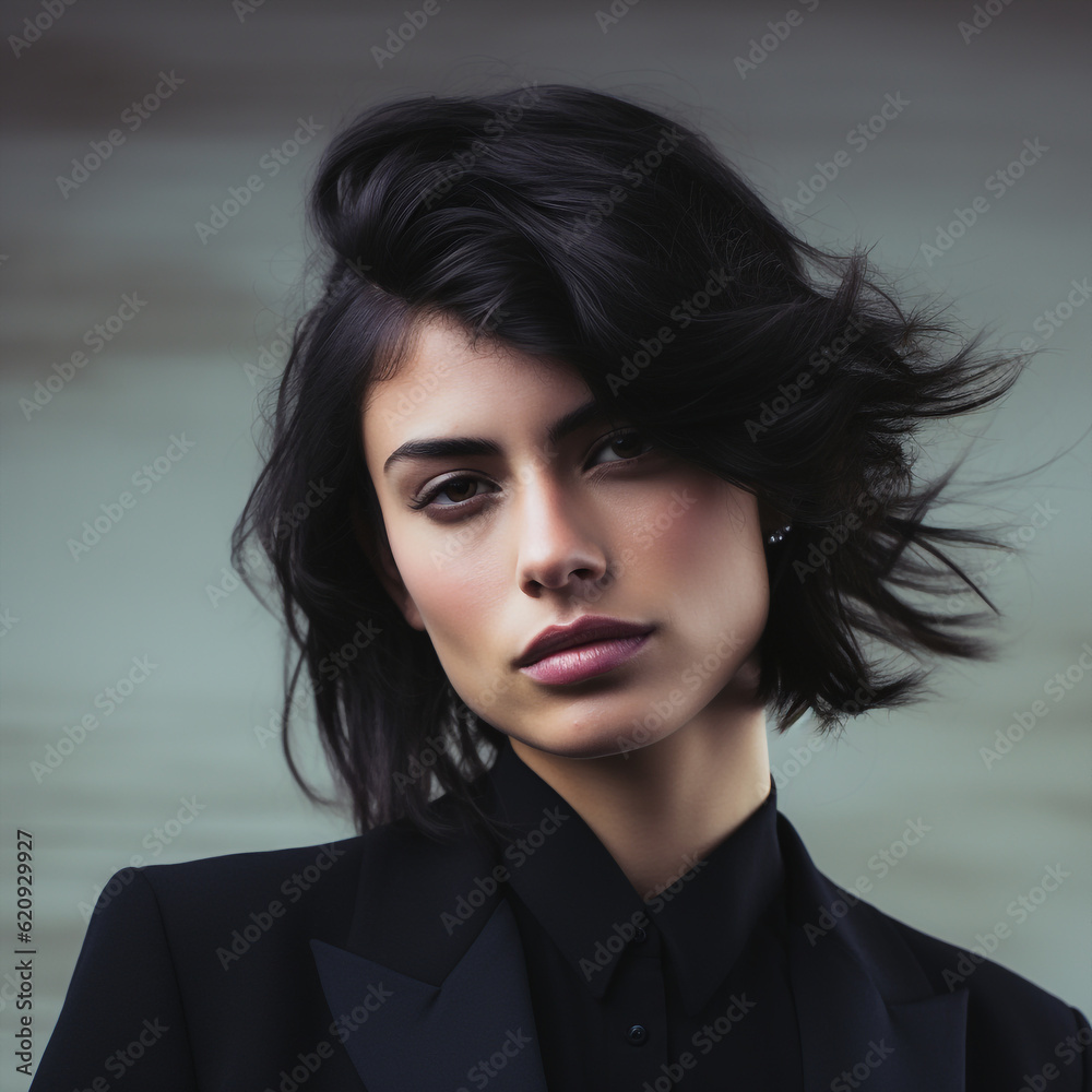 Generative ai young stylish hipster woman posing with mullet hairstyle Generative ai young stylish hipster woman posing with mullet hairstyle