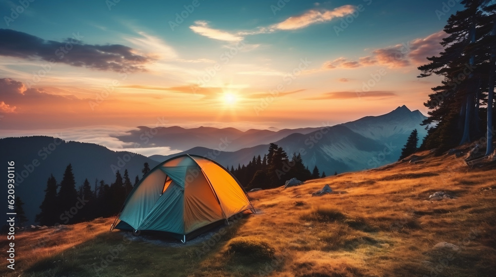 camping tent high in the mountains at sunset. banner with copy space, Generative Ai