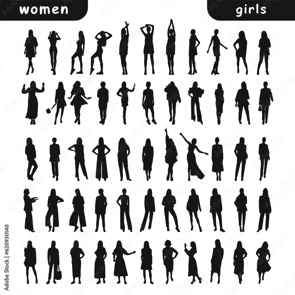 Image of female silhouettes. Woman, female, maiden, lass, lady, girl Image of female silhouettes. Woman, female, maiden, lass, lady, girl