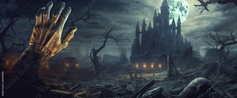 Halloween background. A zombie hand coming out of the ground on a dark cemetery with the moon and the castle as a backdrop. Generative Ai.