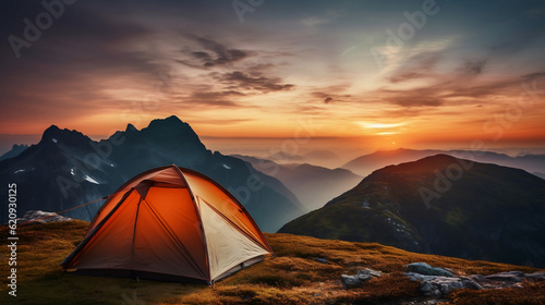 camping tent high in the mountains at sunset. banner with copy space, Generative Ai