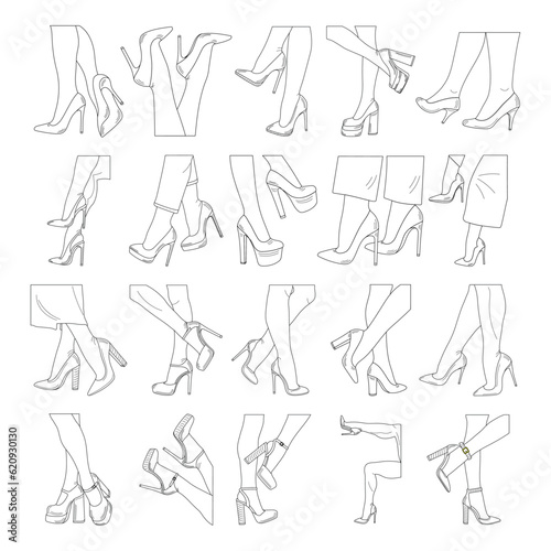 Outline sketch  20 silhouettes of female legs. Shoes stilettos, high heels. Walking, standing, running, jumping, dance