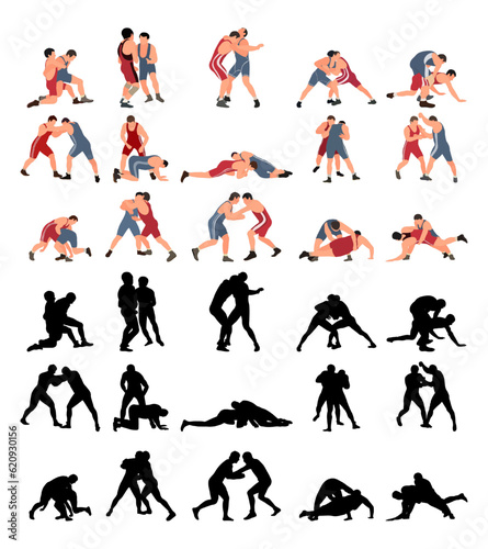 Set of wrestlers silhouettes. Image of greco roman wrestling, martial art, sportsmanship