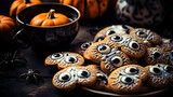 Halloween party cake Cookies on the table decorated with cream, pumpkins, candles, smoke spooky scary trick or treats October 31.