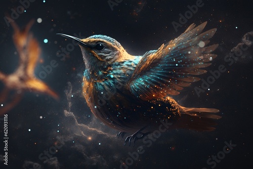 bird floating in starry outer space  Generative AI