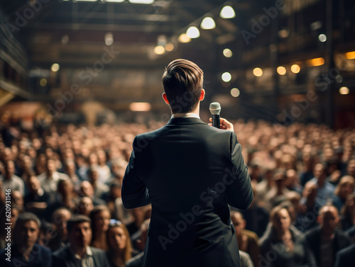 Men speaking through a microphone in conference hall. Background speech at a conference, business training, forum about marketing and management . Professional ideas, politics