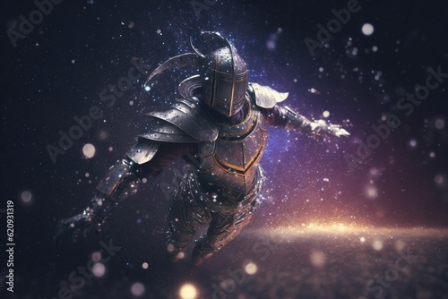 Knight floating in starry outer space, Generative AI