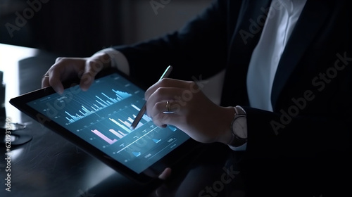 Cost and quality control, business strategy and project management concept. Businessman working on digital tablet computer with quality control growth graph and cost reduction, Generative Ai