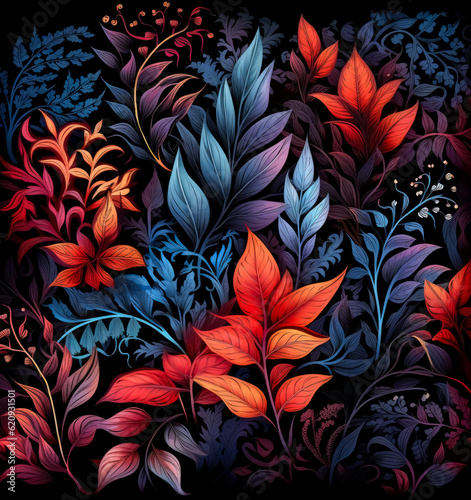 Floral seamless pattern on black background with leaves  in the style of dark orange and light indigo.
