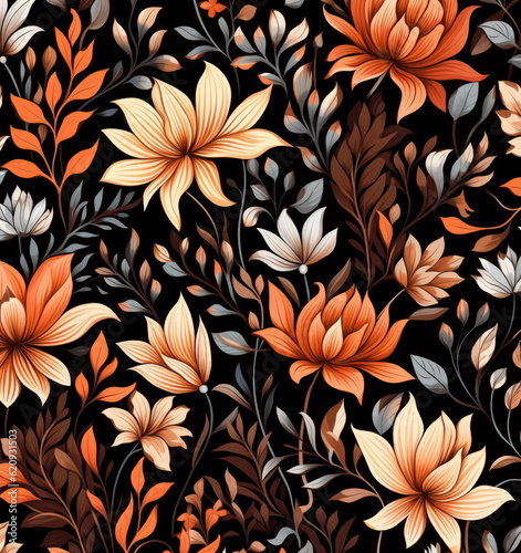 Floral seamless pattern on black background with leaves  in the style of dark orange and light indigo.