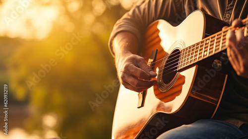 Closeup of guitarist hand playing guitar. Musical instrument concept. Outdoors and Leisure theme. Selective focus on left hand. Vintage country folk guitar with music singer, Generative Ai