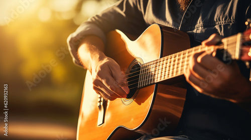 Closeup of guitarist hand playing guitar. Musical instrument concept. Outdoors and Leisure theme. Selective focus on left hand. Vintage country folk guitar with music singer, Generative Ai