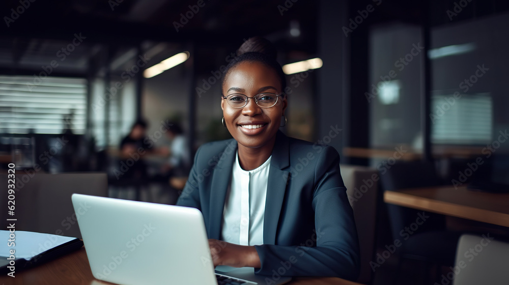 Fototapeta premium Professional female employee or a businesswoman using a laptop in a modern office. Copy space
