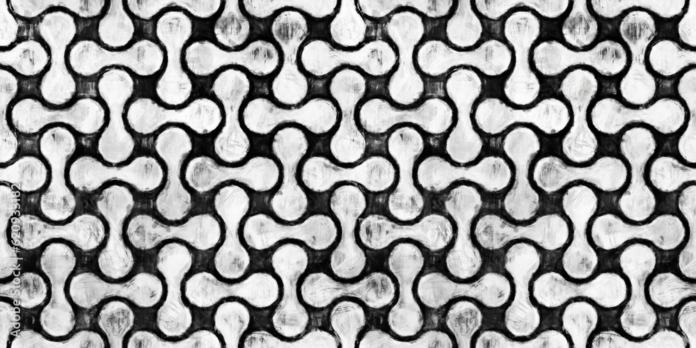 Seamless MCM Mid-Century Modern geometric rounded pill shaped basket weave pattern. Black and white artistic acrylic paint texture background. Hand painted vintage abstract wallpaper surface design. Seamless MCM Mid-Century Modern geometric rounded pill shaped basket weave pattern. Black and white artistic acrylic paint texture background. Hand painted vintage abstract wallpaper surface design.