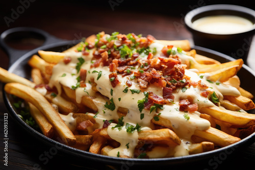 Cheese and Bacon fries on background