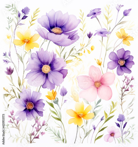 Watercolor seamless pattern watercolor floral border  in the style of pastel on white background.