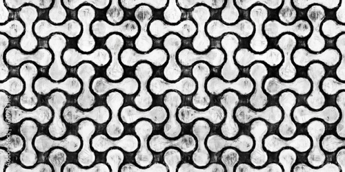 Seamless MCM Mid-Century Modern geometric rounded pill shaped basket weave pattern. Black and white artistic acrylic paint texture background. Hand painted vintage abstract wallpaper surface design.