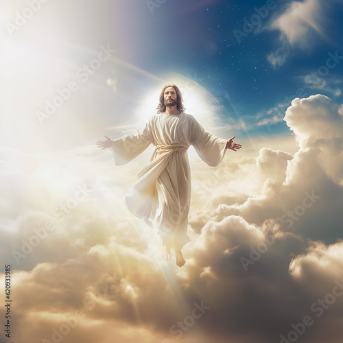 The resurrected Jesus Christ ascending to heaven above the bright light sky and clouds and God, Heaven and Second Coming concept, generative ai © Franco Tognarini