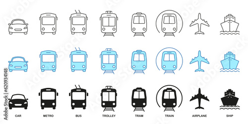 Car, Bus, Train, Metro, Ship, Railway, Air Transportation, Plane Symbol Collection. Public Transport Line and Silhouette Icon Set. Road Sign. Vehicle Types Pictogram. Isolated Vector Illustration