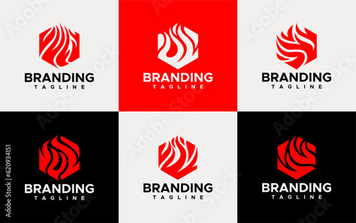 Simple hexagonal fire smoke logo design set