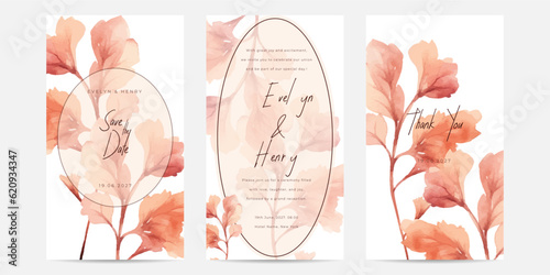 Arrangement of nude leaves at corner frame hand painting on wedding invitation card.