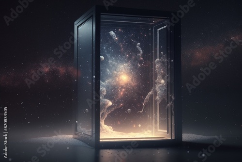 Glass door floating in starry outer space  Generative AI