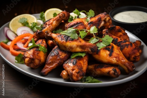 Grilled Chicken Wings with Roasted Chicken on a Plate: Indian Cuisine. Generative AI