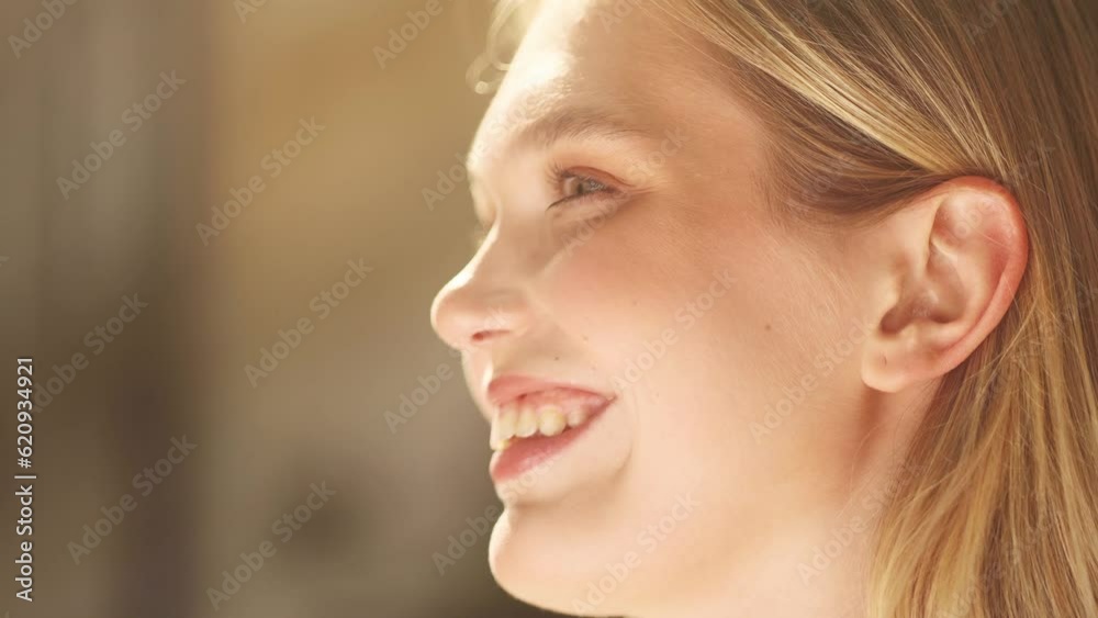Close up portrait of smiling carefree young blond woman feeling absolutely happy and satisfied enjoying great day at city street Self confidence female looking ahead feel proud achievement alone Close up portrait of smiling carefree young blond woman feeling absolutely happy and satisfied enjoying great day at city street Self confidence female looking ahead feel proud achievement alone
