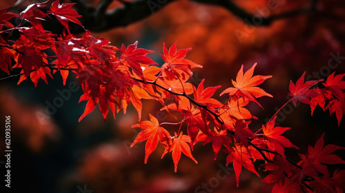 Red autumn maple leaves on tree  Generative Ai