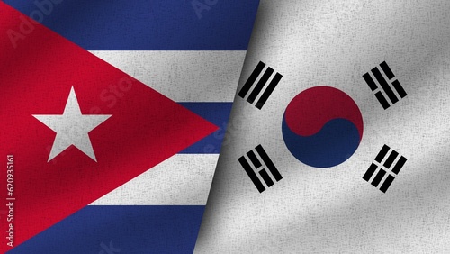 Photography South Korea and Cuba Realistic Two Flags Together, 3D Illustration