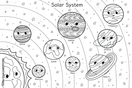 Solar System coloring page with cute planets. Space learning poster in outline for kids with sun and planets orbiting it. Vector illustration