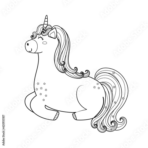 Cute outline unicorn lies on its knees in black and white. Magic black and white horse character print. Sweet dreams vector illustration