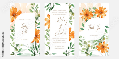 Arrangement of orange narcissus flowers and leaves at corner frame hand painting on wedding invitation card. Beautiful wedding card invitation.