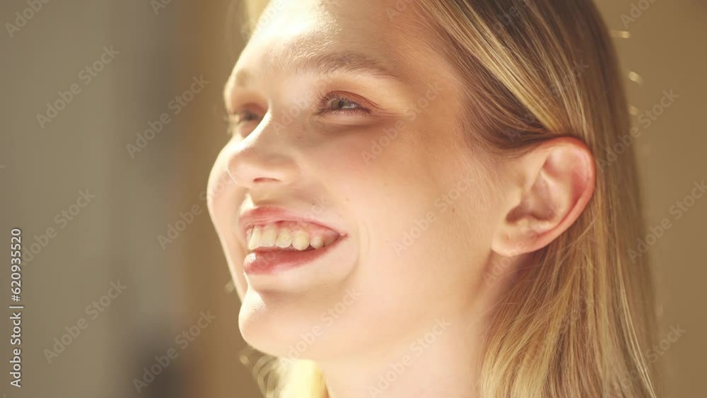 Close up portrait of smiling carefree young blond woman feeling absolutely happy and satisfied enjoying great day at city street Self confidence female looking ahead feel proud achievement alone Close up portrait of smiling carefree young blond woman feeling absolutely happy and satisfied enjoying great day at city street Self confidence female looking ahead feel proud achievement alone