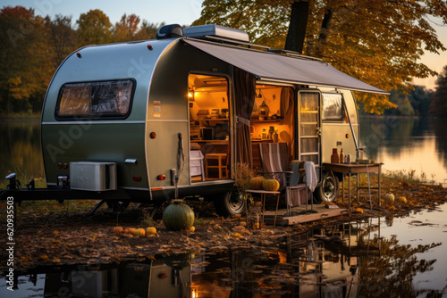 Fototapet Trailer of mobile home, or recreational vehicle standing on the shore of a pond