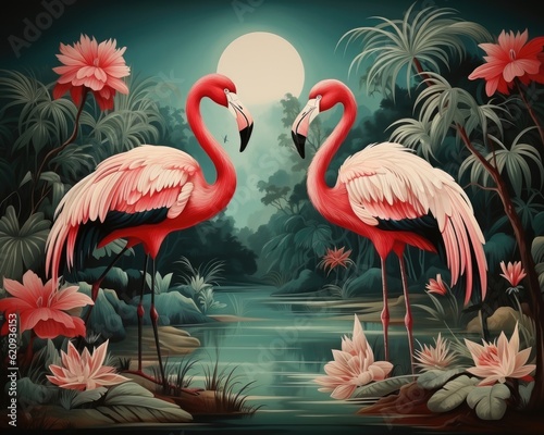 A vintage jungle wallpaper featuring flamingos, birds, and peacocks. (Illustration, Generative AI)