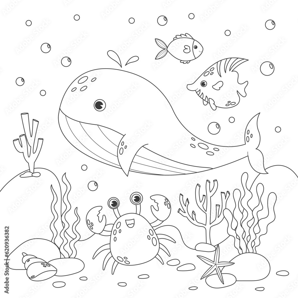 Vector illustration with algae, whale, crab and fish, sea floor. Cute square page coloring book for children. Simple funny kids drawing. Black lines, sketch on a white background.
