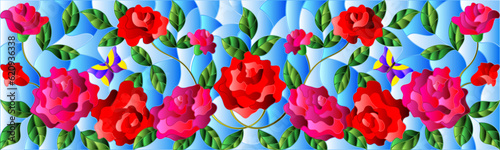 An illustration in the style of a stained glass window with bright rose flowers and butterflies on a blue sky background
