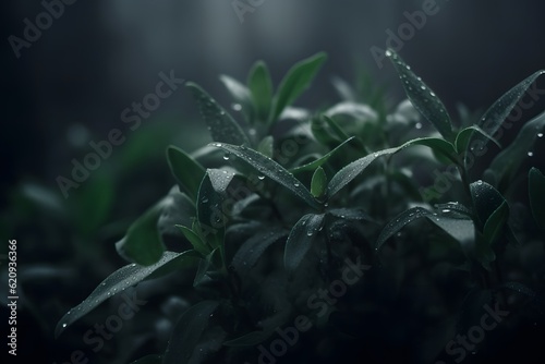 Dark green wet plants  dew macro  closeup  Generative AI