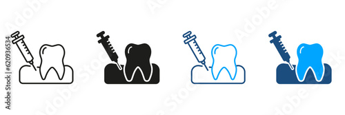 Dental Anesthesia Silhouette and Line Icon Set. Oral Medicine. Dental Treatment, Dentistry Symbol Collection. Anesthetic Injection in the Gum Black and Color Sign. Isolated Vector Illustration