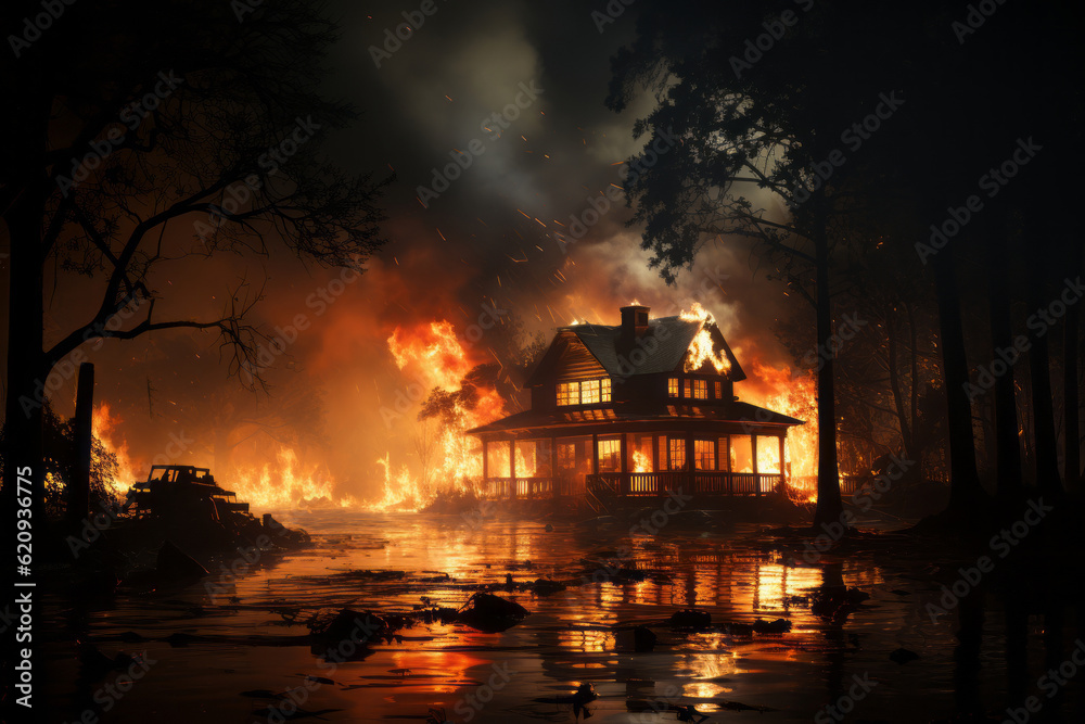 A burning house sitting on fire by the dark night. 