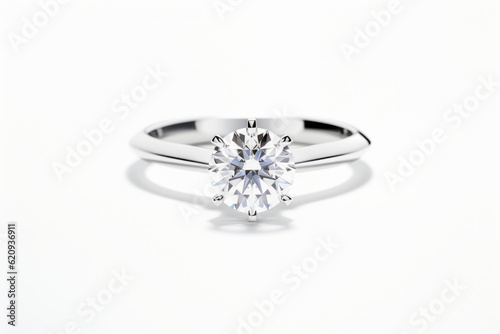 catalogue photo closeup of wedding ring made of white gold, white background. AI Generated