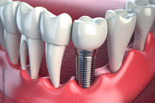 Dental implantation, teeth with implant screw, illustration. 