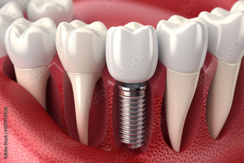 Dental implantation, teeth with implant screw, illustration. 