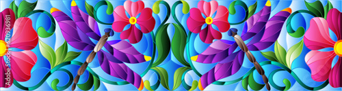An illustration in the style of a stained glass window with bright dragonflies and flowers on a blue sky background