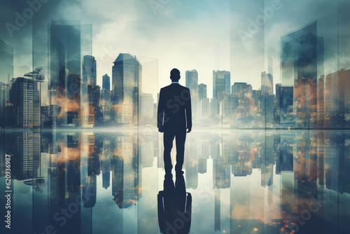 Double exposure concept with businessman and city. AI Generated © AI_images_for_people