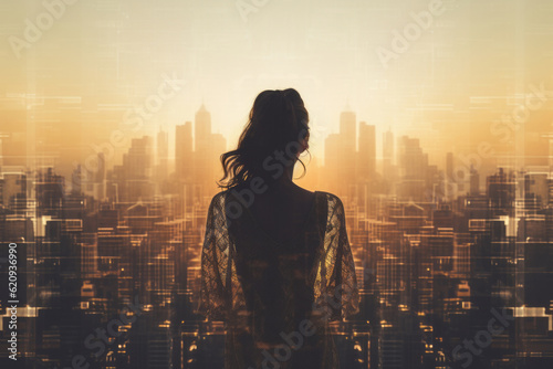Double exposure of female silhouette and modern city. AI Generated photo