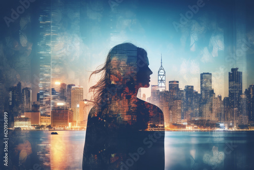 Double exposure of female silhouette and modern city. AI Generated