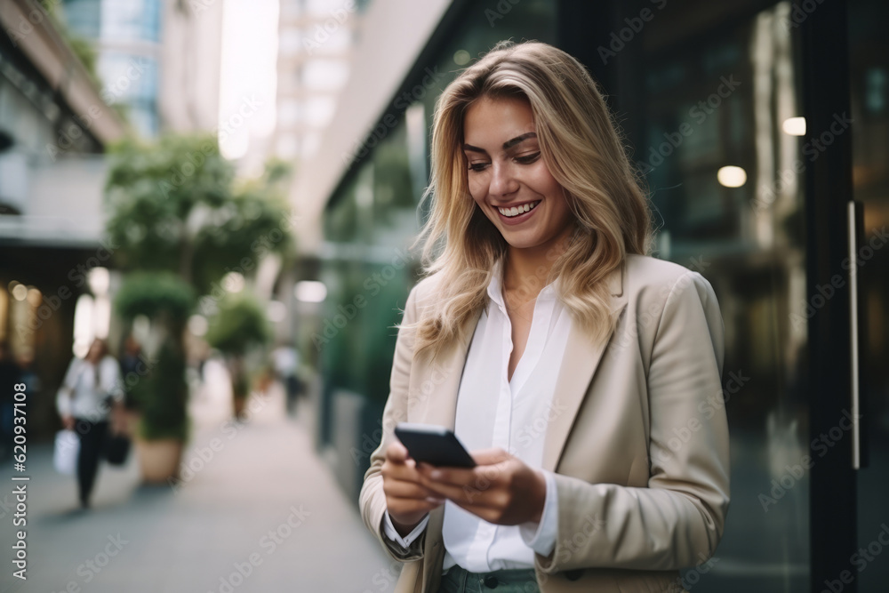 smiling businesswoman in fashion clothes using a smartphone, commuting to work in the city.. AI Generated